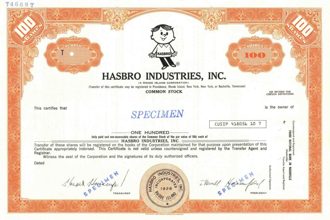 Hasbro Industries, Inc - Facisimile Signatures of Harold and Merrill Hassenfeld - post 1974 dated Toy Company Specimen Stock Certificate