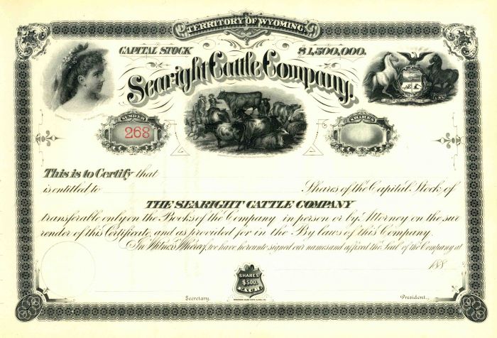 Searight Cattle Co. - Gorgeous Unissued Wyoming Stock Certificate