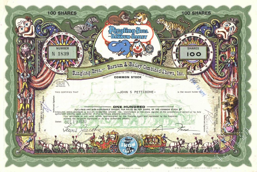 Ringling Bros. Barnum & Bailey Combined Shows, Inc. - 1969 or 1970 Fully Issued Multicolored Circus Stock Certificate