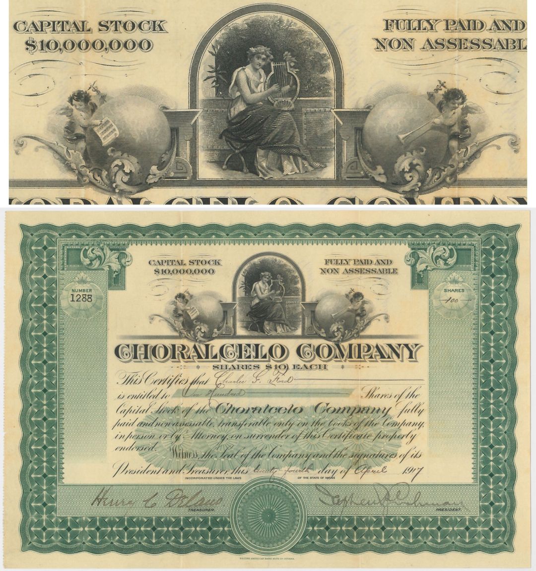 Choralcelo Co. - 1917 dated Organ Maker Stock Certificate - Musical Instrument Co.