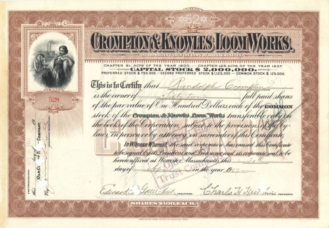 Crompton and Knowles Loom Works - 1907 or 1910 dated Stock Certificate