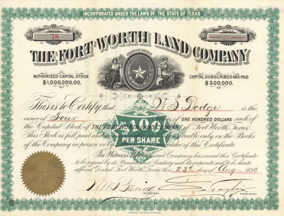 Fort Worth Land Co. - Stock Certificate