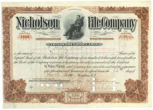 Nicholson File Co. - 1907-08 dated Stock Certificate - Founded by William T. Nicholson