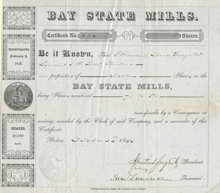 Bay State Mills - Stock Certificate