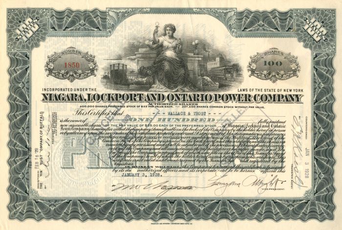 Niagara, Lockport and Ontario Power Co. - Stock Certificate