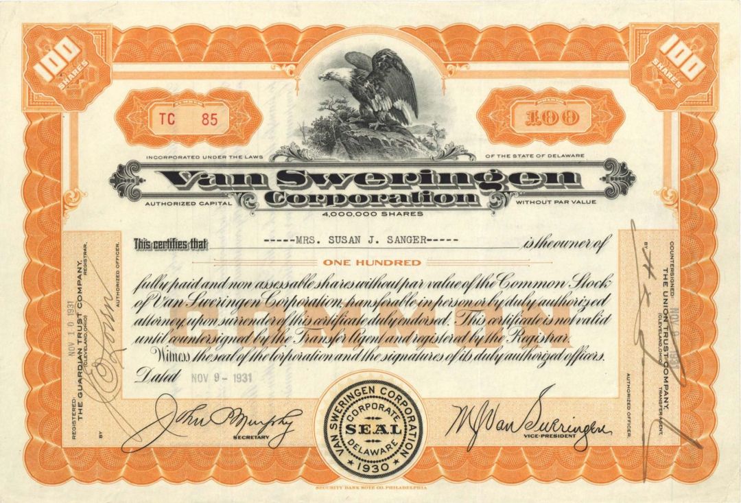 Van Sweringen Corp. - 1931 dated Stock Certificate