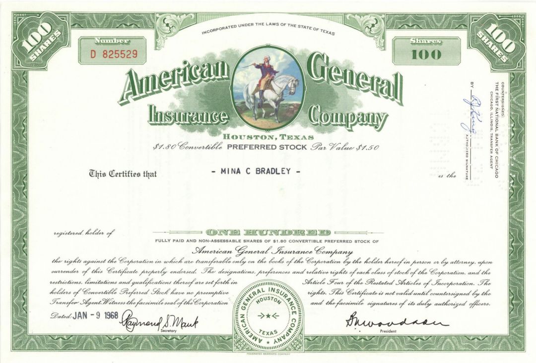 Set of 3 American General Insurance Co. - Company Was Bought Out by AIG in 2001 - 1960's dated Group of 3 Stock Certificates
