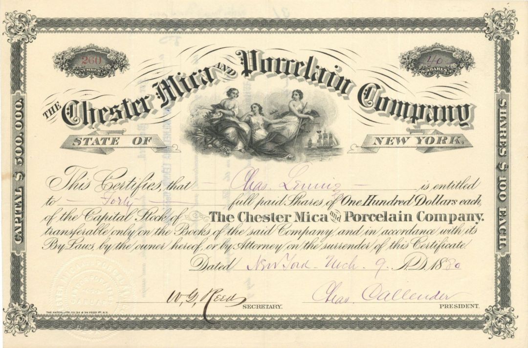 Chester Mica and Porcelain Co. - 1880 dated Stock Certificate