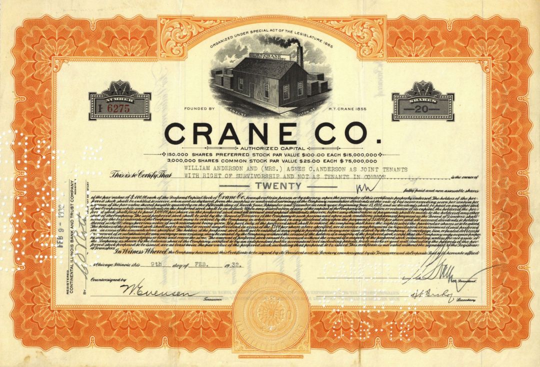 Crane Co. - Vending Machine Company Stock Certificate