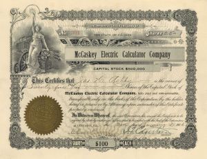 McCaskey Electric Calculator Co. - 1907 dated Stock Certificate - Rare Topic and Very Early