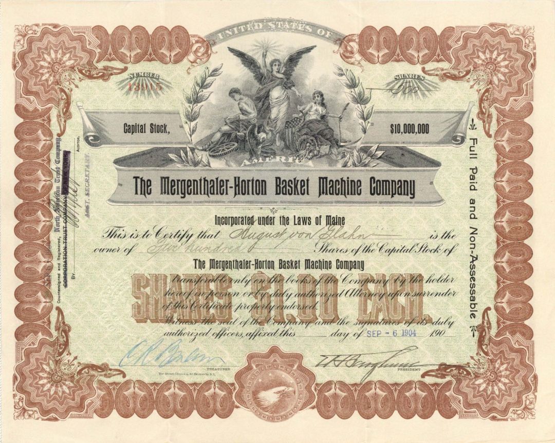 Mergenthaler-Horton Basket Machine Co. - 1902-1907 dated Stock Certificate