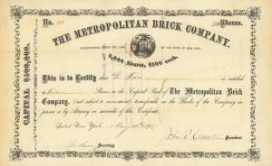 Metropolitan Brick Company - New York Stock Certificate