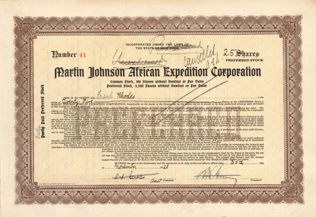 Martin Johnson African Expedition Corp. - 1928 dated Stock Certificate