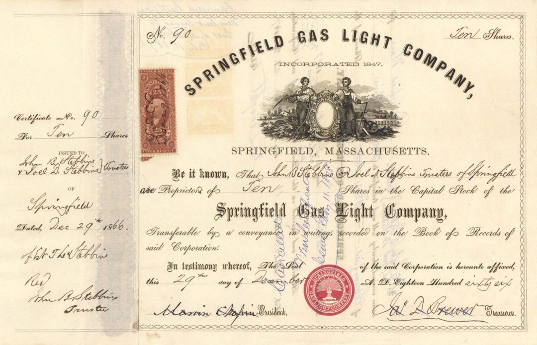 Springfield Gas Light Co., Springfield, Massachusetts - 1866 or 1868 dated Stock Certificate