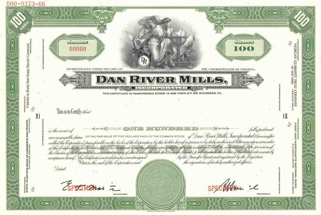 Dan River Mills, Inc. - Specimen Stock Certificate - Danville, Virginia Historic District