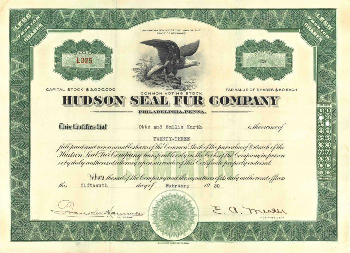 Hudson Seal Fur Co. - Stock Certificate