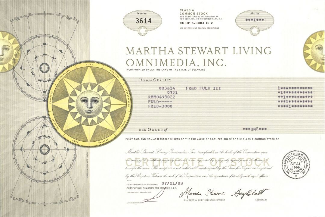 Martha Stewart Living Omnimedia, Inc. - 2002-03 dated Stock Certificate - Very Popular