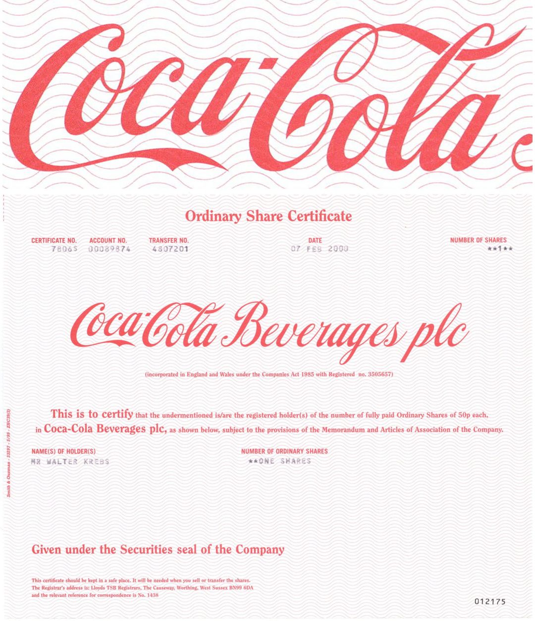Coca-Cola Beverages plc (Coke) - 2000 dated Great Britain Stock Certificate