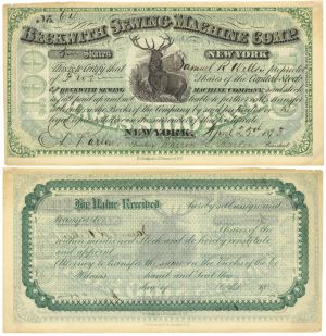 Beckwith Sewing Machine Comp. - 1873 dated Stock Certificate - Almost Looks Like Paper Money - Very Rare