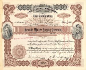 Nekoda Water Supply Co. - 1905 dated Stock Certificate
