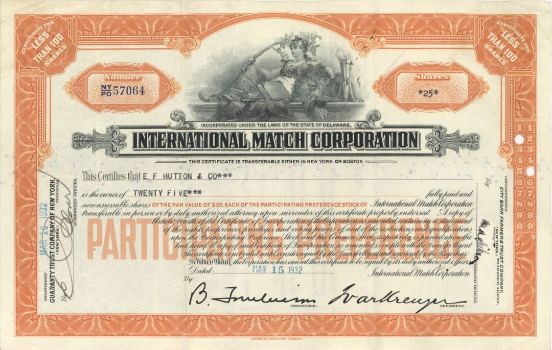 International Match Corp. - 1932 dated IMCO Stock Certificate