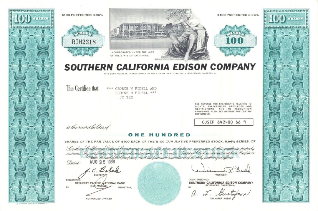 Southern California Edison Co. - 1971-92 dated Stock Certificate - Largest Subsidiary of Edison International