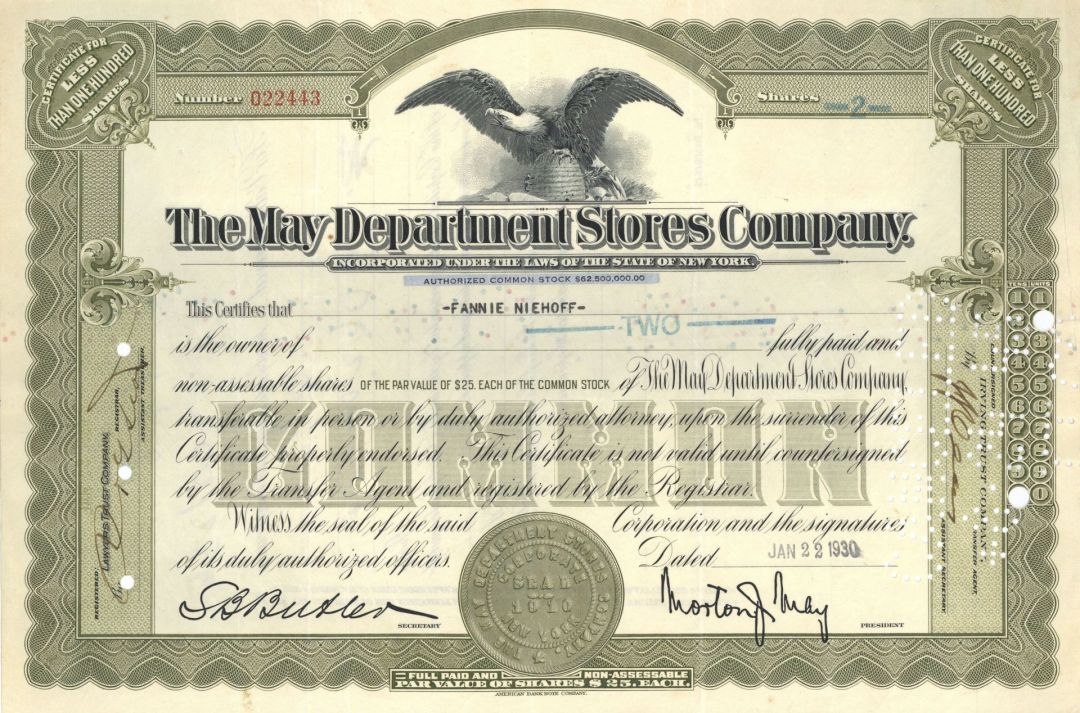 May Department Stores Co. - Printed Signature of Morton J. May - 1930's-40's dated New York Stock Certificate