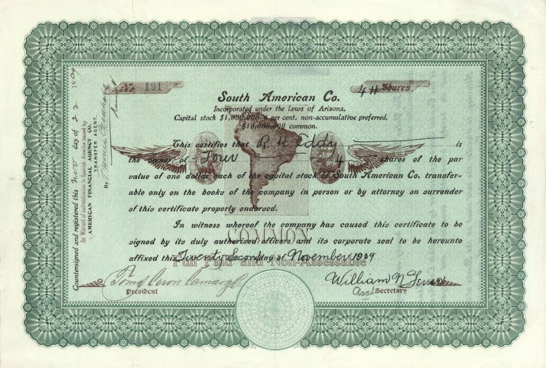 South American Co. - 1909 or 1910 Stock Certificate