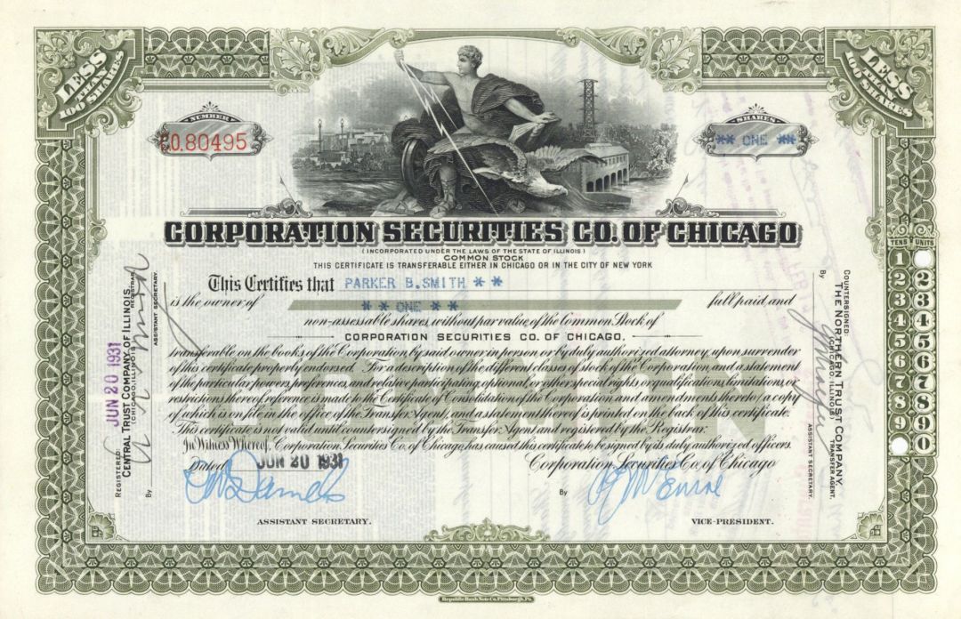 Corporation Securities Co. of Chicago - Stock Certificate
