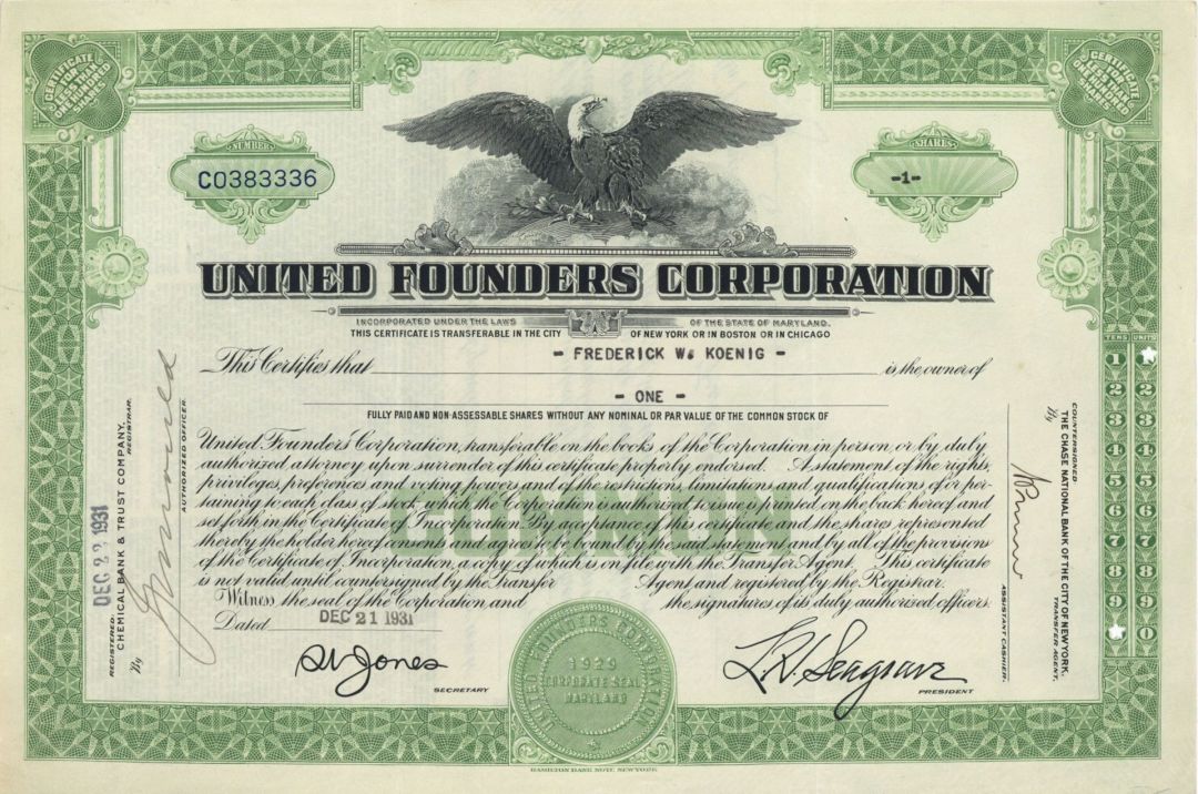 United Founders Corp. - 1929-1931 Stock Certificate