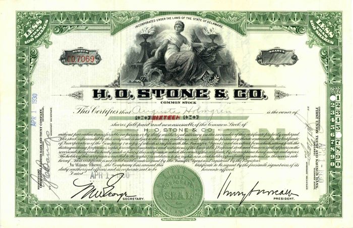H.O. Stone and Co. - Stock Certificate