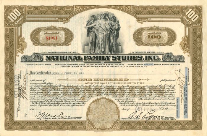 National Family Stores, Inc. - Stock Certificate