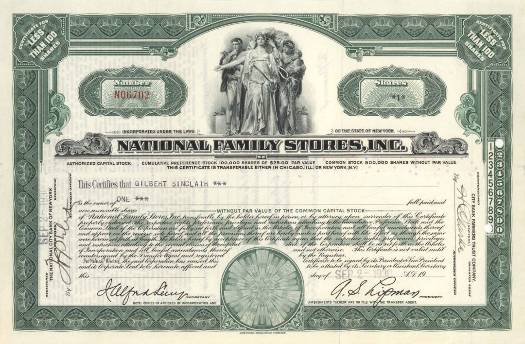 National Family Stores, Inc. - 1929-1930 dated Stock Certificate