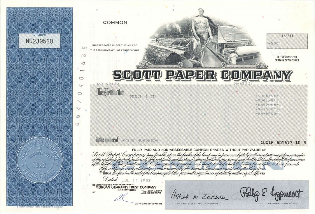 Scott Paper Co. - Sanitary Tissue Paper Stock Certificate
