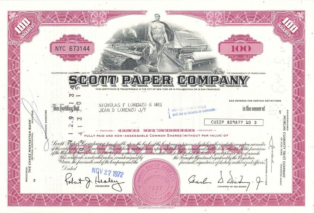Scott Paper Co. - Sanitary Tissue Paper Stock Certificate