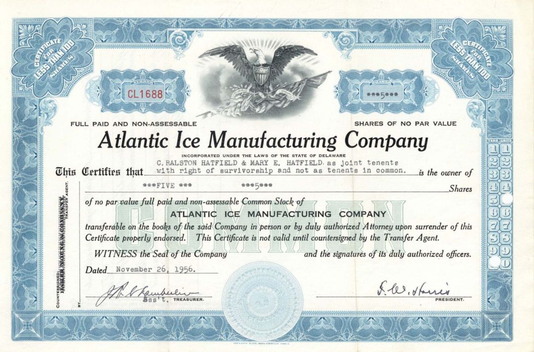 Atlantic Ice Manufacturing Co. - 1927 or 1956 dated Stock Certificate