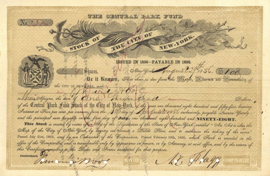 1856 dated Central Park Fund Stock of the City of New York - Fernando Wood signed New York City Stock Certificate