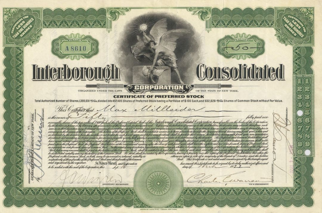 Interborough Consolidated Corp. - 1915-22 dated Stock Certificate