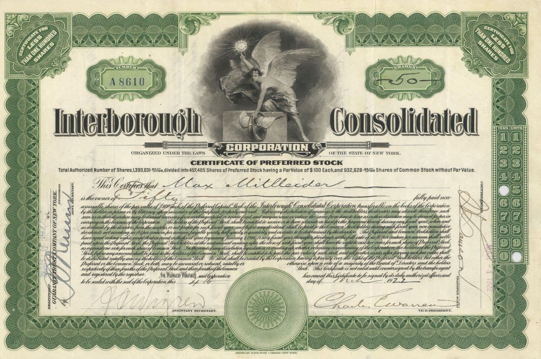 Interborough Consolidated Corporation - 1915-22 dated New York Railway Stock Certificate
