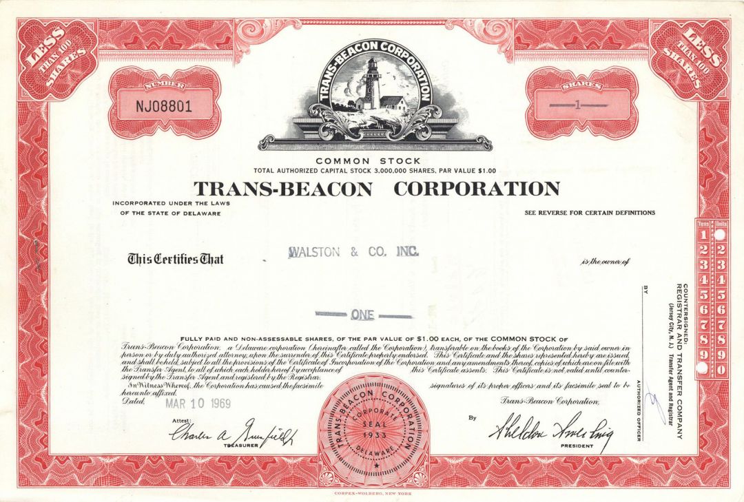 Trans-Beacon Corp. - 1966-1971 dated RKO Pictures Connected Stock Certificate - Great History
