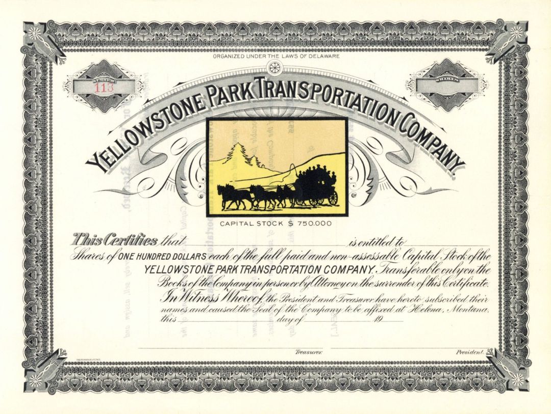 Yellowstone Park Transportation Co. - Unissued Stock Certificate