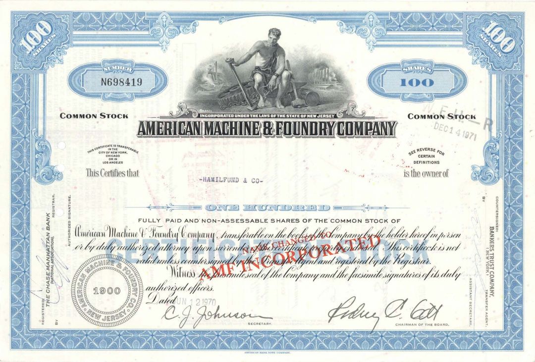 American Machine and Foundry Co. - Recreational Equipment Stock Certificate