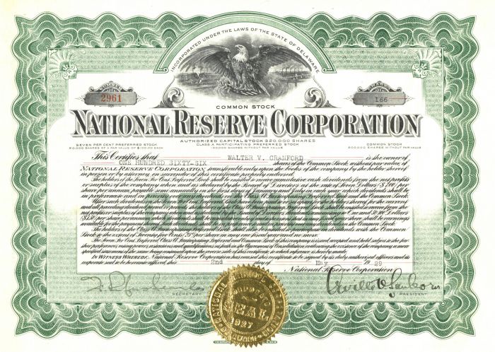 National Reserve Corporation - Stock Certificate