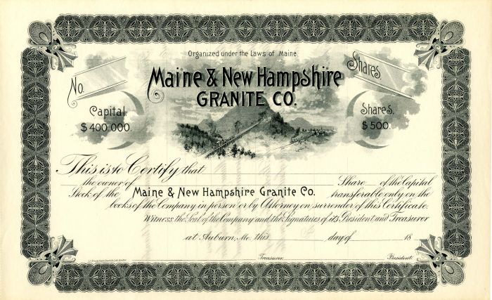 Maine and New Hampshire Granite Co. - Stock Certificate