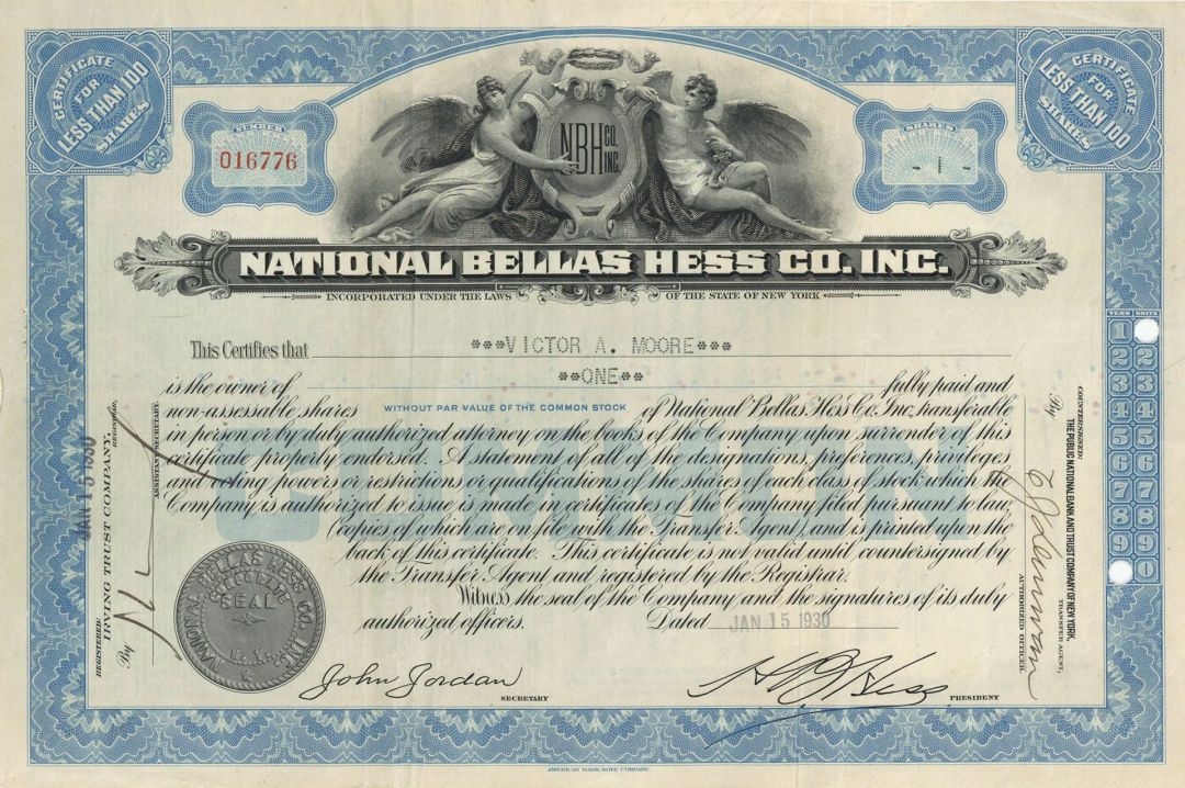 National Bellas Hess Co. Inc. - Stock Certificate