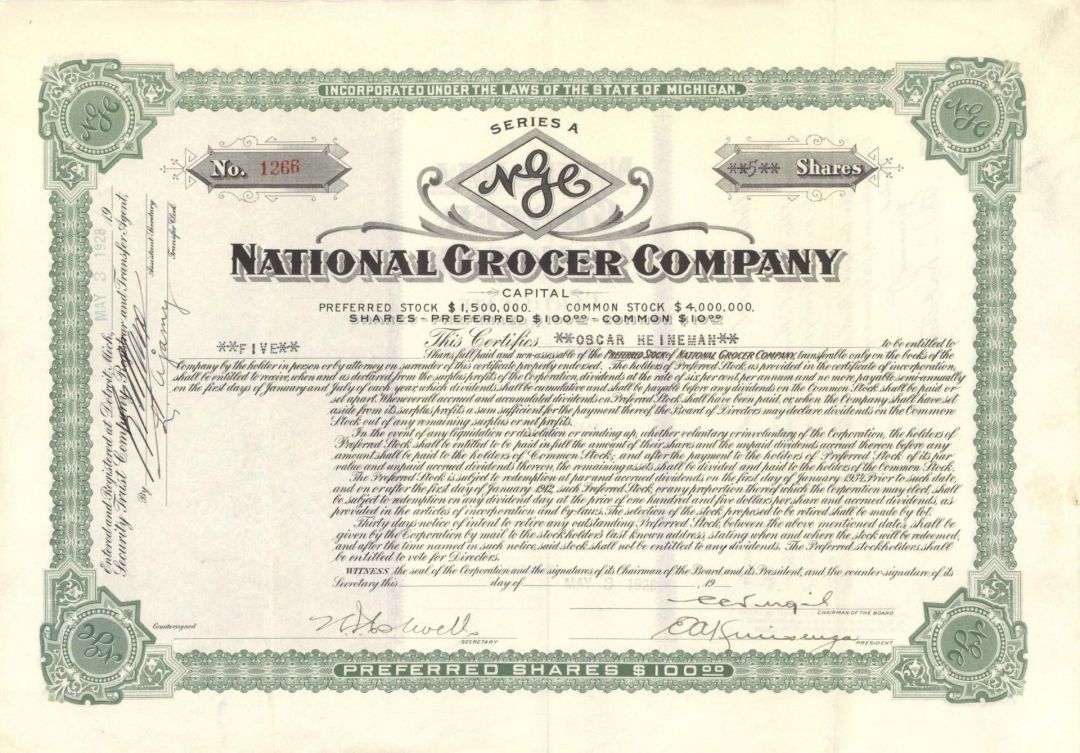 National Grocer Co. - 1928 or 1930 dated Stock Certificate