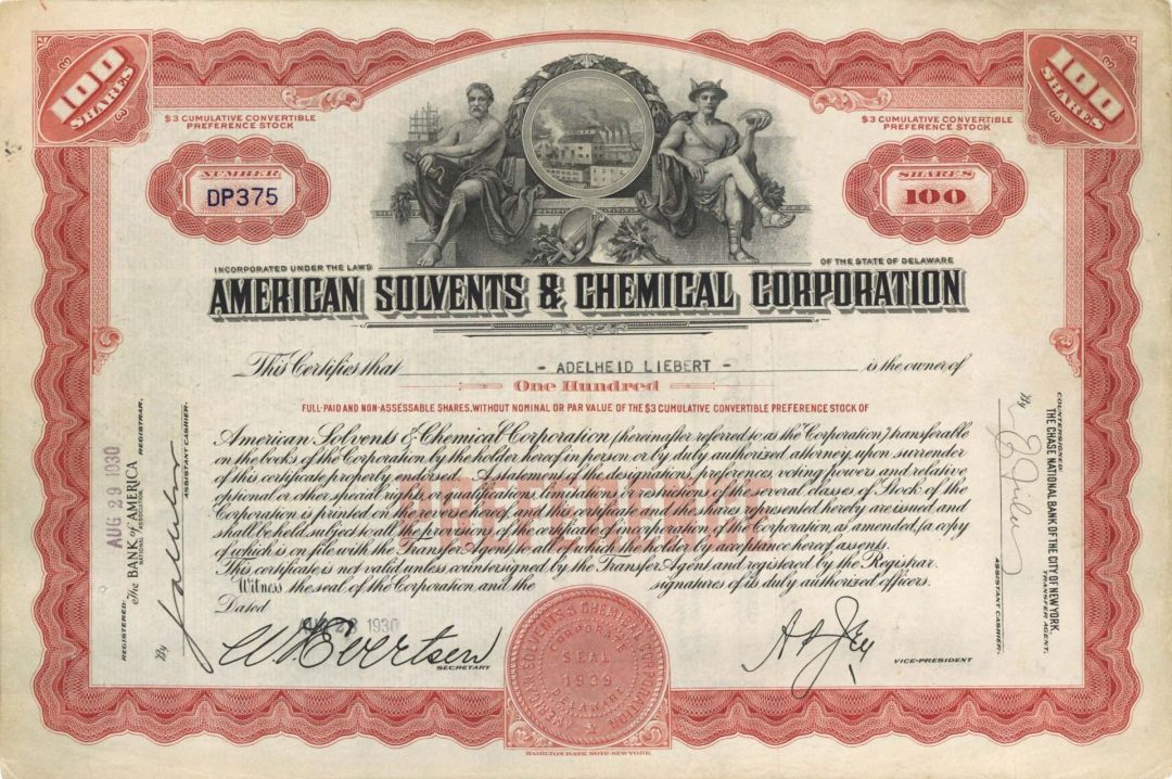 American Solvents and Chemical Corp. - 1930's dated Stock Certificate