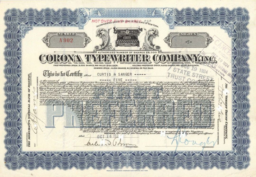 Corona Typewriter Co., Inc. - 1924 dated Stock Certificate