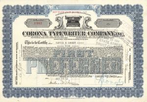 Corona Typewriter Co., Inc. - 1924 dated Stock Certificate