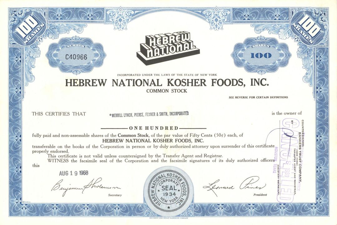 Hebrew National Kosher Foods, Inc - 1968-69 dated Stock Certificate